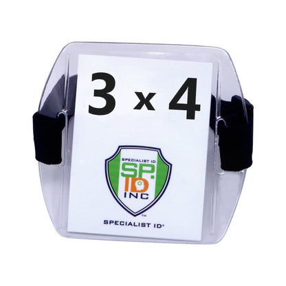 Large 3x4 Armband Badge Holder with Adjustable Arm Strap with Specialist ID logo and the text "3 x 4." The horizontal arm band badge holder features an adjustable black arm band.