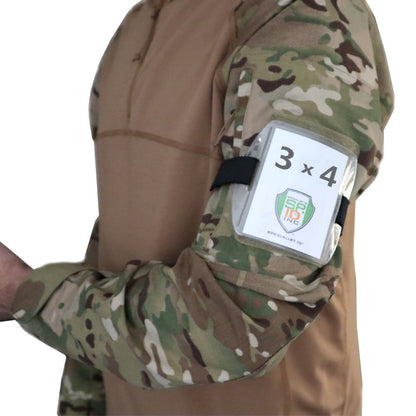 Person wearing a Large 3x4 Armband Badge Holder with Adjustable Arm Strap, displaying a card labeled "3 x 4" and a logo. Sold by Specialist ID.