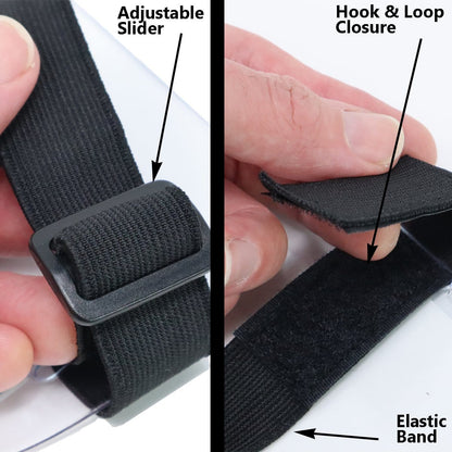 Close-up images show a black strap. The left side illustrates an adjustable slider, while the right side highlights adjustable hook and loop straps and an elastic band—ideal for Large 3x4 Armband Badge Holder with Adjustable Arm Strap.