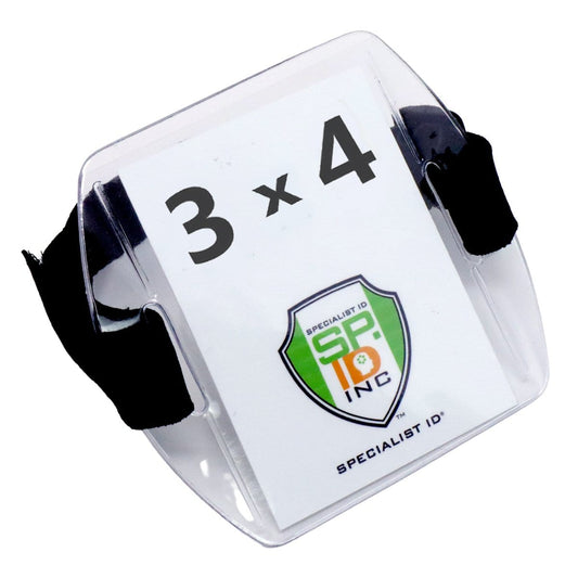 Large 3x4 Armband Badge Holder with Adjustable Arm Strap featuring a card inside displaying "3 x 4" and the "Specialist ID INC" logo.
