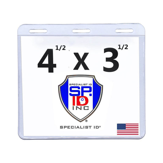 Clear and durable 4x3 Extra Large Badge Holder - USA MADE Plastic Horizontal 4 1/2 x 3 1/2 Card Protector for Conference, Trade Show Events (SPID-1590) with "4 1/2 x 3 1/2" printed on it, featuring a Specialist ID logo in the center and a small American flag in the bottom right corner. Made in the USA.