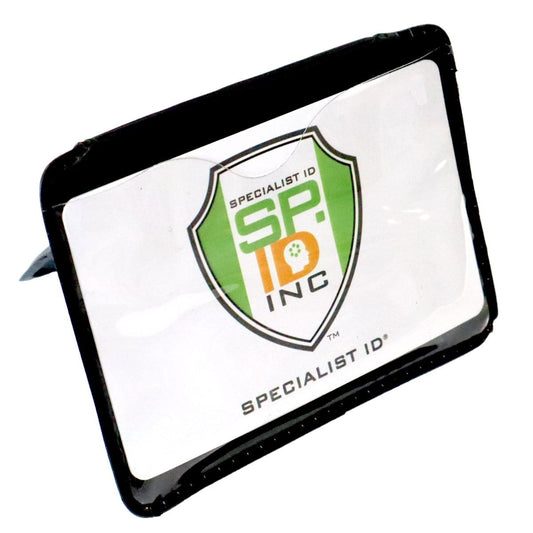 A Horizontal Magnetic Badge Holder (P/N 1835-1050) with a white plastic card with a green and orange logo that reads "SP ID INC" in black text, encased in a black holder with a clear vinyl front.