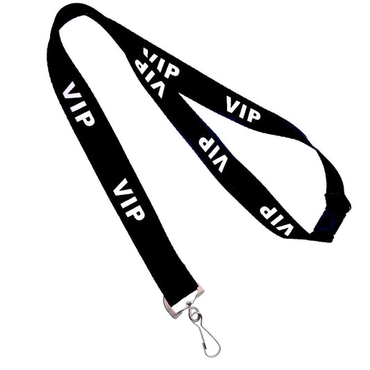 Black VIP breakaway lanyard with white text and swivel hook