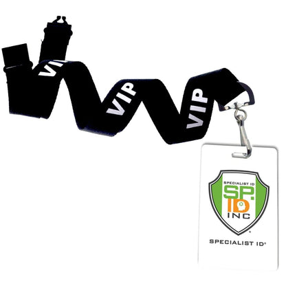 A Black VIP Lanyards (SPID-2020-BLK) with "VIP" repeated along its length, including a safety breakaway feature, attached to a white identification badge with the logo and text "Specialist ID Inc.