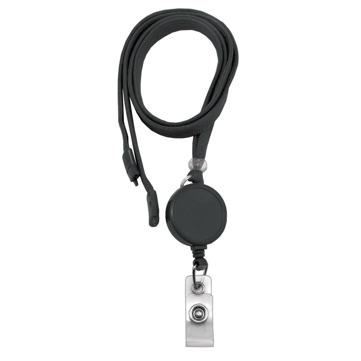 Image of a black Breakaway Lanyard ID Holder Badge Reel Combo - Retractable Lanyard (SPID-210X) with a metal clip attachment on the end, perfect for ID card display.