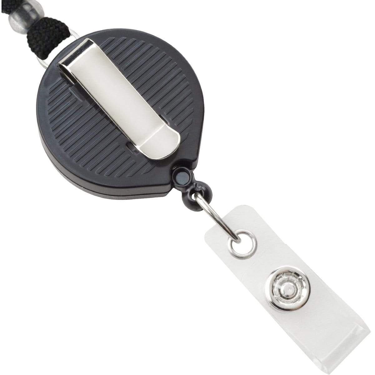A close-up of a black Breakaway Lanyard ID Holder Badge Reel Combo - Retractable Lanyard (SPID-210X) with a metal clip on its back and a clear plastic strap attachment at the end, ideal for secure ID card display.