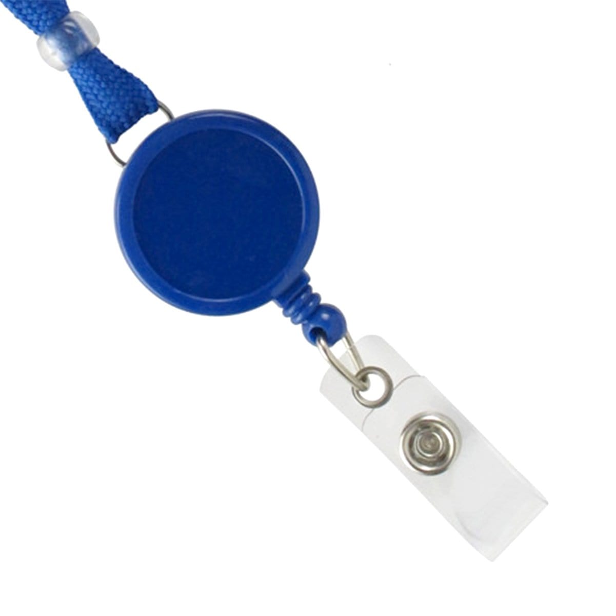 Close-up of a Breakaway Lanyard ID Holder Badge Reel Combo - Retractable Lanyard (SPID-210X) with a metal clip and a clear plastic strap, perfect for an ID card display.