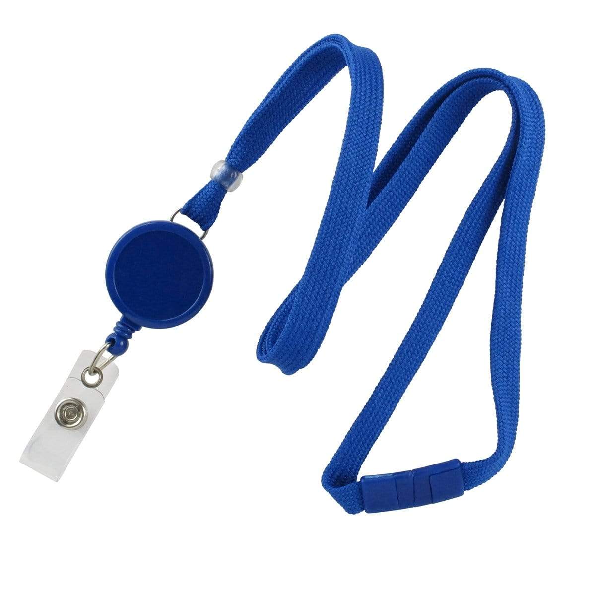 Royal blue badge lanyard with retractable reel and breakaway clasp