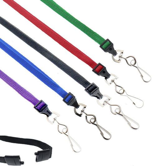 Five Premium Breakaway Lanyard with Metal Swivel Hook (2137-5001, 50XX) in green, red, black, purple, and blue with metal swivel hooks and plastic breakaway features are laid out horizontally against a white background.