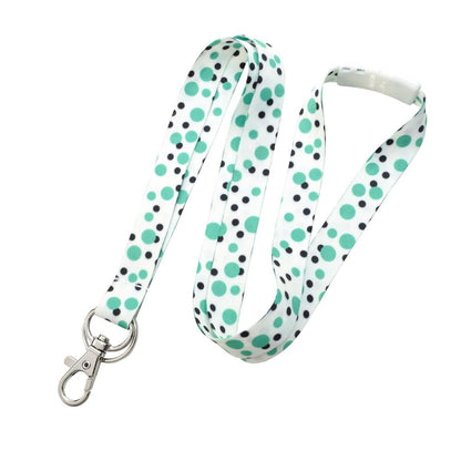 A **Cute Polka Dot Pattern Fashion Lanyard With Lobster Hook And Key Ring(P/N 2138-728X)**, featuring a white background with green and black polka dots, metal clip at one end, key ring, and trigger snap hook for added convenience.