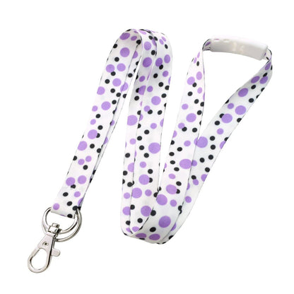 A Cute Polka Dot Pattern Fashion Lanyard With Lobster Hook And Key Ring (P/N 2138-728X), featuring a metal clip at one end and a key ring with a safety breakaway feature for added convenience.