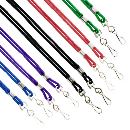 Standard Non-Breakaway Round Lanyard with a Metal Swivel Hook (2135-300X) are laid out horizontally in rows, featuring green, red, black, blue, and purple colors.