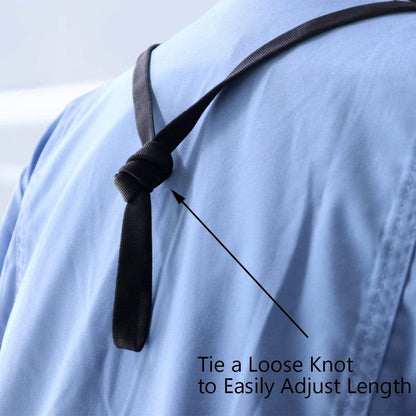 Close-up of the back of a person wearing a blue shirt, with a black strap tied in a loose knot. Text reads: "Tie a Loose Knot to Easily Adjust Length." Ideal for securing your badge holder or using with 5 Pack Double Ended Lanyards with Bulldog Clips - Comfortable Premium Economy Neck Strap Badge Holder for Events.