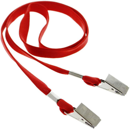 A red Premium Double Ended Lanyard with 2 Bulldog Clips - 3/8 Inch Micro-weave for Comfort and Durability - Great for Events & Conventions (NBAL38-2BC) with metal clips at both ends.