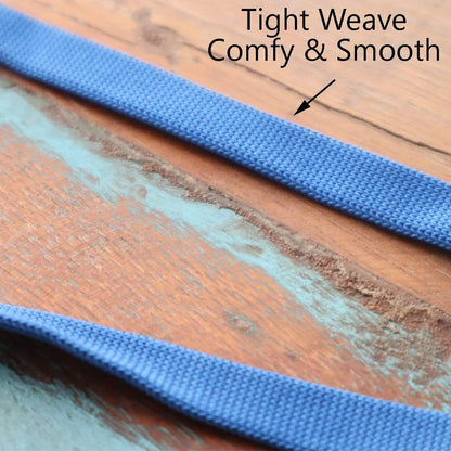 Close-up image of a blue fabric strap with a text overlay describing it as "Tight Weave, Comfy & Smooth" on a wooden surface background. This 5 Pack Double Ended Lanyards with Bulldog Clips - Comfortable Premium Economy Neck Strap Badge Holder for Events ensures durability and comfort.