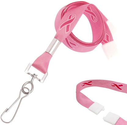 This Pink Ribbon Awareness Wide Flat Breakaway Lanyard w/ Swivel Hook 2138-5286 features a breakaway design with a metal clip and breast cancer awareness ribbons printed on the fabric.