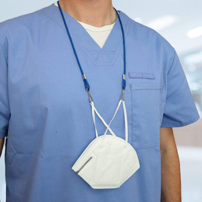 A person wearing blue scrubs with a white face mask hanging on an Adjustable Length Double Ended Lanyard - Handy & Convenient Event Badge Holder & Hanger with 2 Clips around their neck.