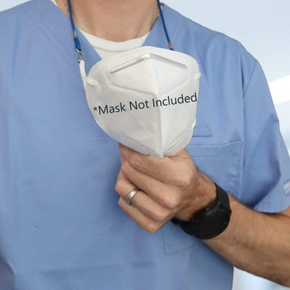 A person in a blue uniform is holding a white face mask with the text "Mask Not Included" printed on it, secured by an Adjustable Length Double Ended Lanyard - Handy & Convenient Event Badge Holder & Hanger with 2 Clips.