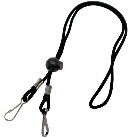 A black Adjustable Length Double Ended Lanyard - Handy & Convenient Event Badge Holder & Hanger with 2 Clips with a plastic sliding bead and metal clips at both ends, perfect for an event badge holder and providing a hands-free display.
