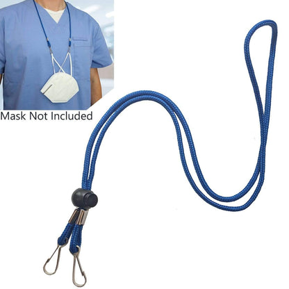 A blue Adjustable Length Double Ended Lanyard - Handy & Convenient Event Badge Holder & Hanger with 2 Clips for holding a face mask, shown extending from the neck of a person wearing blue scrubs. Perfect for hands-free display at work. The text "Mask Not Included" is displayed.