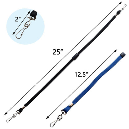 Two lanyards with clips are shown: one black measuring 25 inches and a **Kids Safe Double Ended Lanyards with Safety Breakaway Clasp and Two Hook Endings - Short Length for Children** measuring 12.5 inches with a 2-inch close-up of a clip. The blue lanyard also features a breakaway clasp for added safety.
