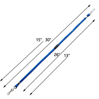 A blue adjustable strap with hooks on both ends and a safety breakaway clasp. The dimensions include 15", 30", 26", and 13" marked on different segments, making it ideal as a Face Mask Lanyard / Hanger with Safety Breakaway Clasp - Ear Saver with J Hooks Adult Size.
