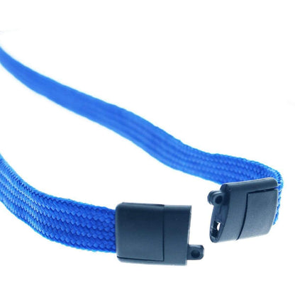 Close-up of a blue braided nylon strap with black plastic snap buckle connectors on each end, often used in Face Mask Lanyard / Hanger with Safety Breakaway Clasp - Ear Saver with J Hooks Adult Size for large badge holders.