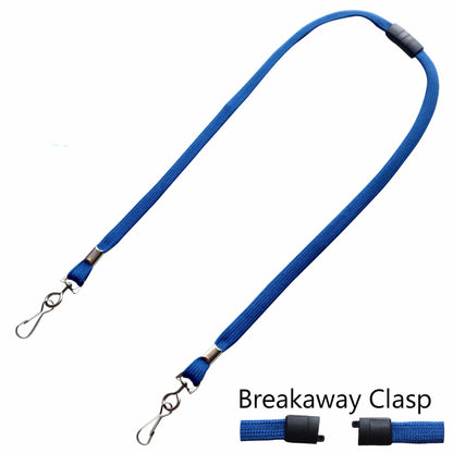 A blue double-ended Face Mask Lanyard / Hanger with Safety Breakaway Clasp - Ear Saver with J Hooks Adult Size with metal clips on both ends and a black safety breakaway clasp. The inset shows a close-up of the breakaway clasp mechanism. Text reads “Breakaway Clasp.”