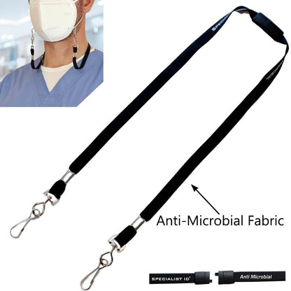 A black lanyard with clips on both ends and labeled "Antimicrobial Lanyard with Two Clips - Short Length Double Clip Lanyard with Safety Breakaway - 25 Inch Perfect Size for Students & Adults (SPID-2360)." An inset shows a person using the antimicrobial lanyard with a face mask, highlighting its germ-inhibiting properties.