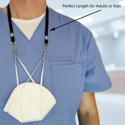 A person wearing scrubs with a mask hanging from an Antimicrobial Lanyard with Two Clips - Short Length Double Clip Lanyard with Safety Breakaway - 25 Inch Perfect Size for Students & Adults (SPID-2360) around their neck. An annotation points to the strap, stating "Perfect Length for Adults or Kids.