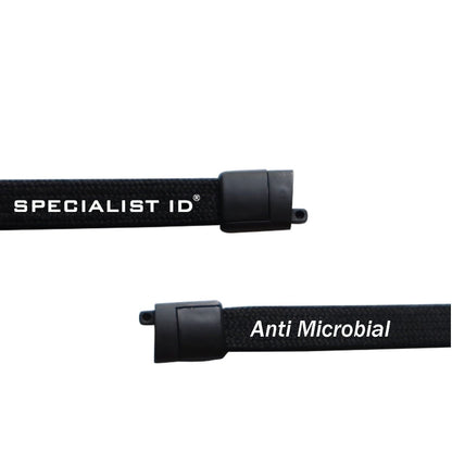 Close-up view of two black Antimicrobial Lanyard with Two Clips - Short Length Double Clip Lanyard with Safety Breakaway - 25 Inch Perfect Size for Students & Adults (SPID-2360) labeled "Specialist ID" and "Anti Microbial," featuring germ-inhibiting nanoparticle-coated fibers with black plastic end attachments.
