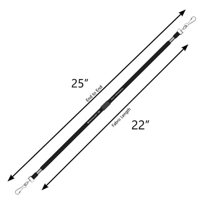 A black adjustable strap with metal clasps at both ends; fabric length is 22 inches, and end-to-end length is 25 inches. This Antimicrobial Lanyard with Two Clips - Short Length Double Clip Lanyard with Safety Breakaway - 25 Inch Perfect Size for Students & Adults (SPID-2360) features nanoparticle-coated fibers for added protection.