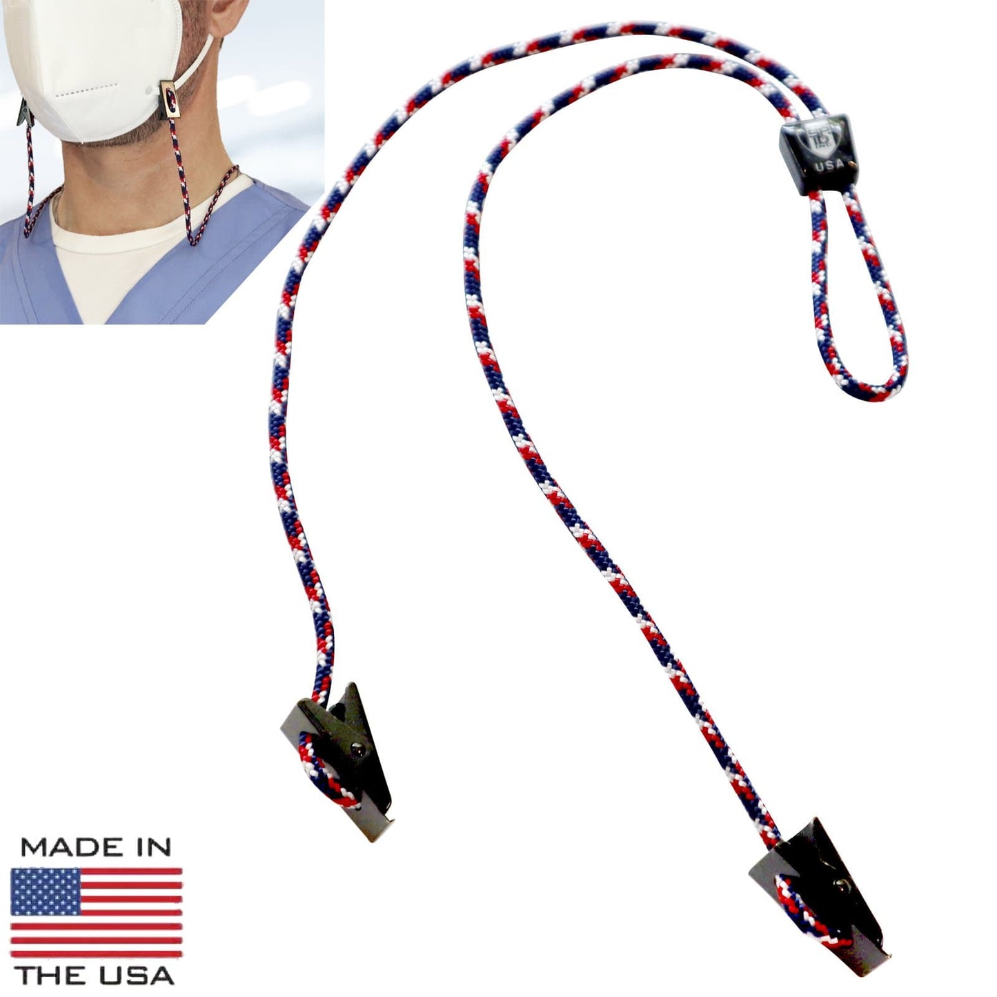 USA Made Adjustable Face Mask Lanyard - Woven Nylon Neck Hanger & Ear Saver with 2  Bulldog Clips