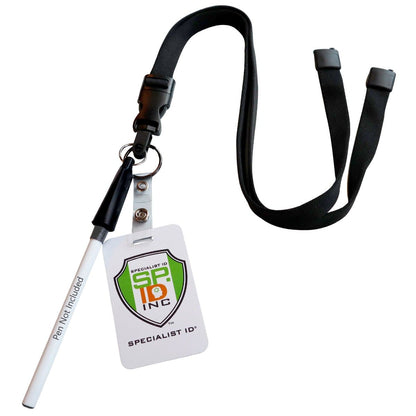 Lanyard with Pen and ID Badge Holder - All in One Neck Lanyards (SPID-2380) with a badge holder and a detachable clip holding a white pen. The lanyard badge displays a logo with the text "Specialist ID Inc." and "Pen Not Included" written on the pen.