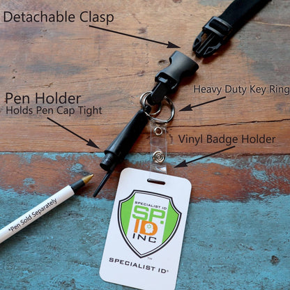 A **Lanyard with Pen and ID Badge Holder - All in One Neck Lanyards (SPID-2380)** with a detachable clasp, heavy-duty key ring, and a vinyl badge holder displaying "Specialist ID INC." It also features a pen holder. A pen labeled "Pen sold separately" is shown near the lanyard badge holder.