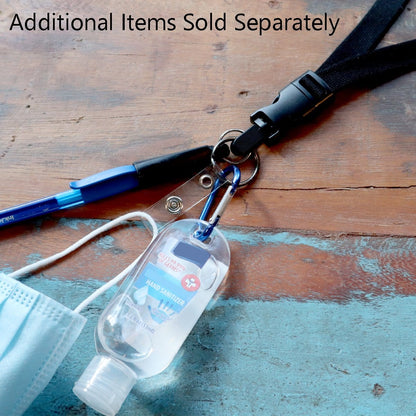 A Lanyard with Pen and ID Badge Holder - All in One Neck Lanyards (SPID-2380), a blue pen, and a face mask placed on a wooden surface. Text on the image reads, "Additional items sold separately.