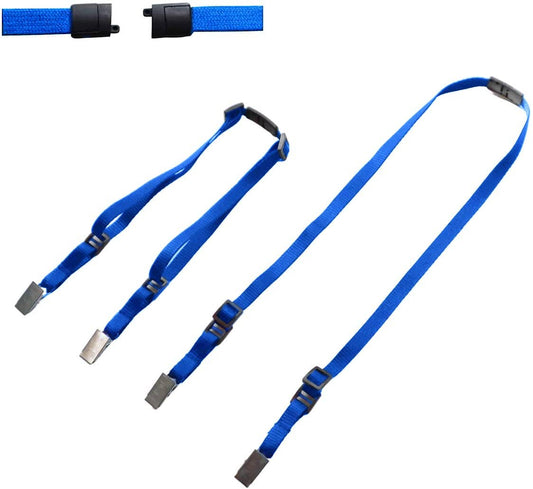 Three blue Adjustable Double Ended Lanyards with Safety Breakaway Clasp and Two Bulldog Clips (2140-531X), shown in different lengths. A close-up of the clip mechanism, featuring a breakaway safety feature, is displayed at the top of the image.