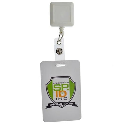 Square badge reel attached to a sample ID card with reinforced strap