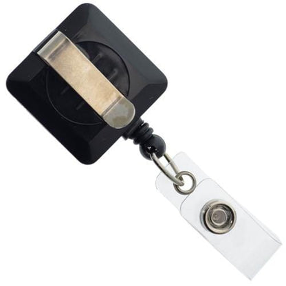 Back view of black square badge reel showing metal belt clip and strap snap