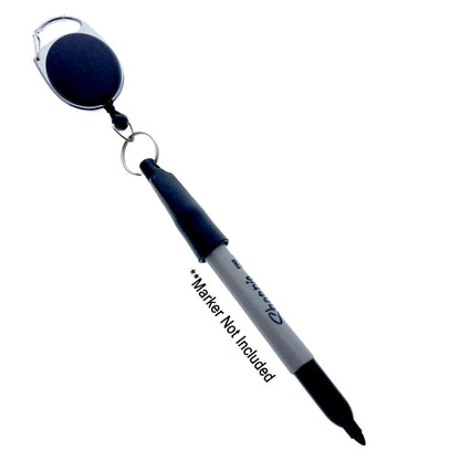 A black and gray **Retractable Pull Badge Reel Pen / Pencil Holder with Carabiner Clip SPID-3280**, attached to a dry erase marker cap. Perfect as a pen holder for convenience. Text on the image states, "Marker Not Included.