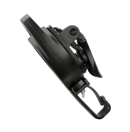 Side view of a black, circular MRI Safe Badge Reel - Non-Ferrous Metal Retractable Badge Clips with No Twist ID Holder Clip for Imaging Room Techs & Nurses, made from non-ferrous metal, with a curved edge and latch mechanism.