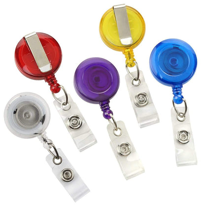 A group of colorful plastic id badges with Translucent Clear Retractable Badge Reel with Belt Clip (2120-360X). Sold by Specialist ID.