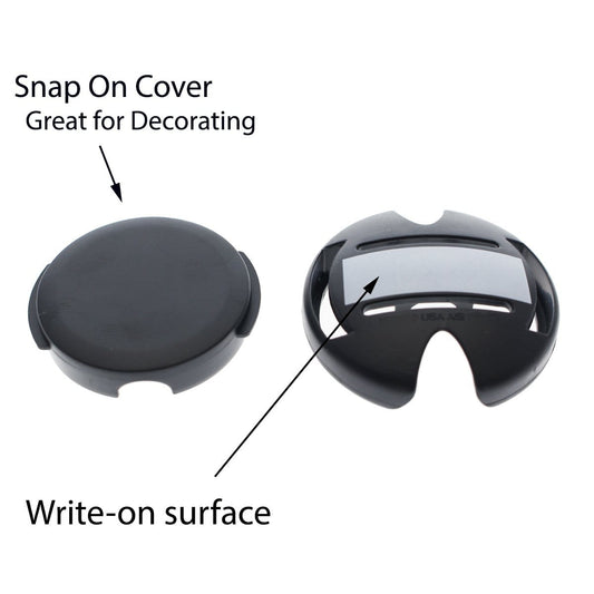 Two circular black items; the one on the left is labeled "Snap On Cover" and "Great for Decorating," while the one on the right is labeled "Write-on Surface" with a writable area. Perfect **Stethoscope ID Tag Covers with Writable Surface (SPID-3820)** to personalize your stethoscope.