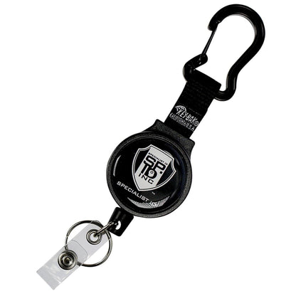 A Heavy Duty SPID Key-Bak Mid-Size Carabiner Retractable Badge Reel with Card Strap & Key Ring (SPID-3330), featuring a silver logo at the center and a durable Kevlar cord for added strength.
