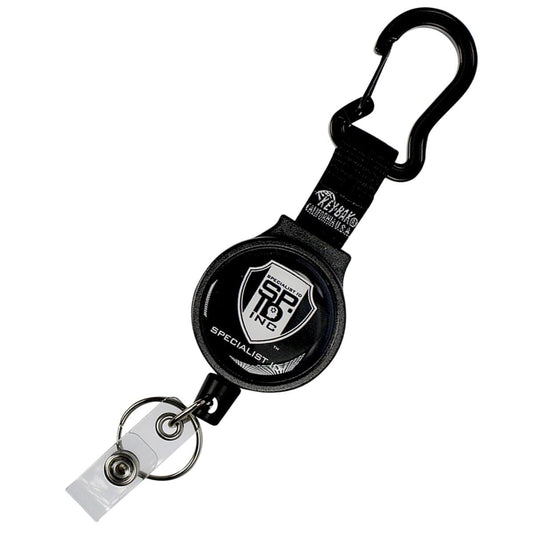 A Heavy Duty SPID Key-Bak Mid-Size Carabiner Retractable Badge Reel with Card Strap & Key Ring (SPID-3330), featuring a silver logo at the center and a durable Kevlar cord for added strength.