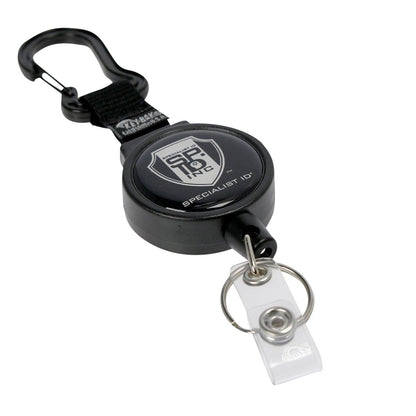 A Heavy Duty SPID Key-Bak Mid-Size Carabiner Retractable Badge Reel with Card Strap & Key Ring (SPID-3330). The round housing features the logo "Specialist ID," and the design includes a Kevlar cord for enhanced durability.