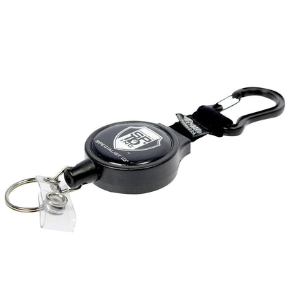 A black Heavy Duty SPID Key-Bak Mid-Size Carabiner Retractable Badge Reel with Card Strap & Key Ring (SPID-3330), metal keyring attachment, and durable Kevlar cord.
