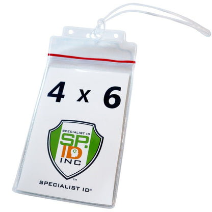 The 2 Pack - Extra Large Luggage Tags - Clear 4x6 Heavy Duty Cruise Ship ID Tag / Golf Bag Travel Document Holder with 9" Plastic Loop, featuring the "SP INC" logo and dimensions "4 x 6" printed on a card inside, is similar to extra large luggage tags. This holder includes a lanyard attached for convenience and durability.
