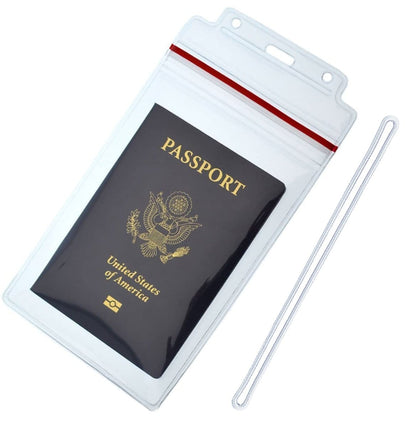 A United States passport inside a clear, resealable plastic pouch with a top-loading slot, alongside a white lanyard and 2 Pack - Extra Large Luggage Tags - Clear 4x6 Heavy Duty Cruise Ship ID Tag / Golf Bag Travel Document Holder with 9" Plastic Loop.