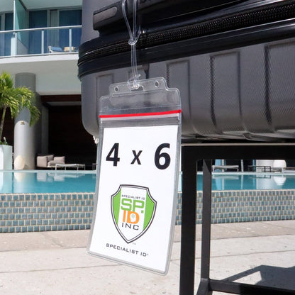 A water-resistant vinyl pouch labeled "2 Pack - Extra Large Luggage Tags - Clear 4x6 Heavy Duty Cruise Ship ID Tag / Golf Bag Travel Document Holder with 9\" Plastic Loop" is attached to a black suitcase beside a swimming pool area with lounge chairs and a modern building in the background.
